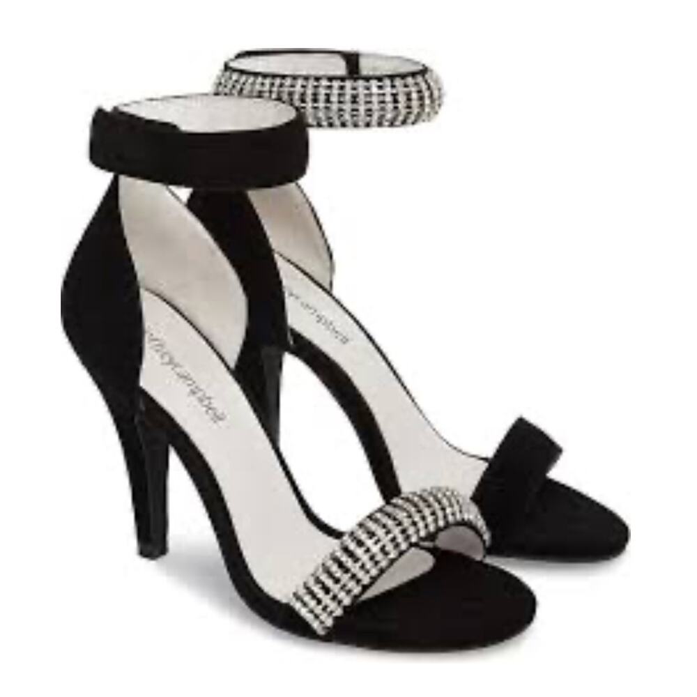 Jeffrey Campbell Kristy JWL Black Suede Embellished Heels Hook & Loop Close 10‎